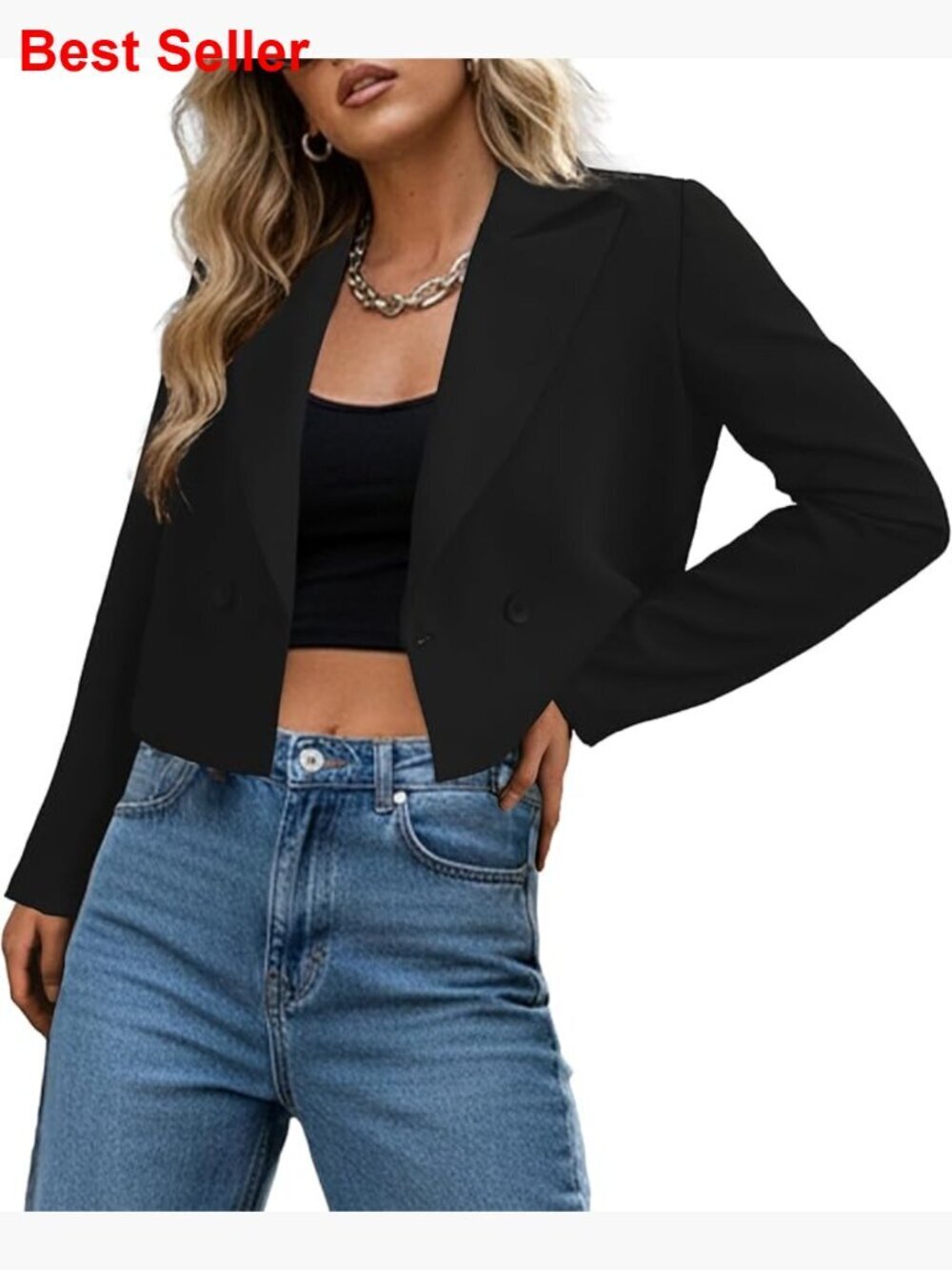 Double-Breasted Cropped Blazer Jacket for Women, 100% Polyester